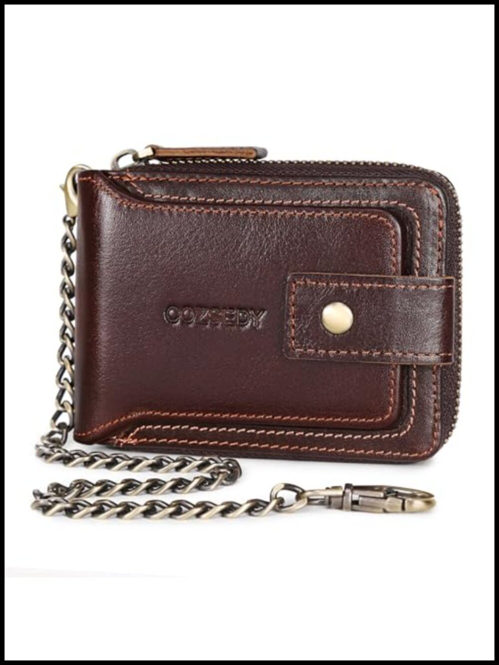 RFID Blocking Leather Bifold Wallet with Chain, 18 Card Slots, Genuine Cowhide